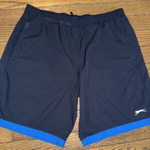 Slazenger Men's XL Athletic‎ Shorts Black With Blue Hem 9" Elastic Drawstring
